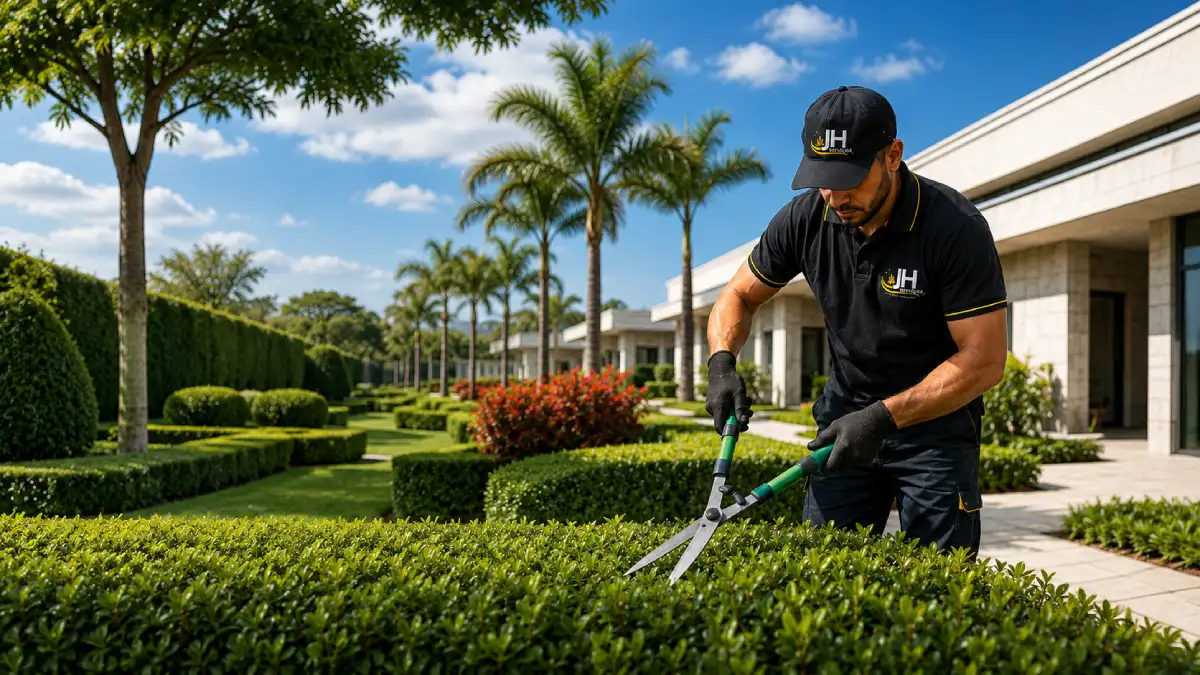 Profissional realizando manutenção e jardinagem