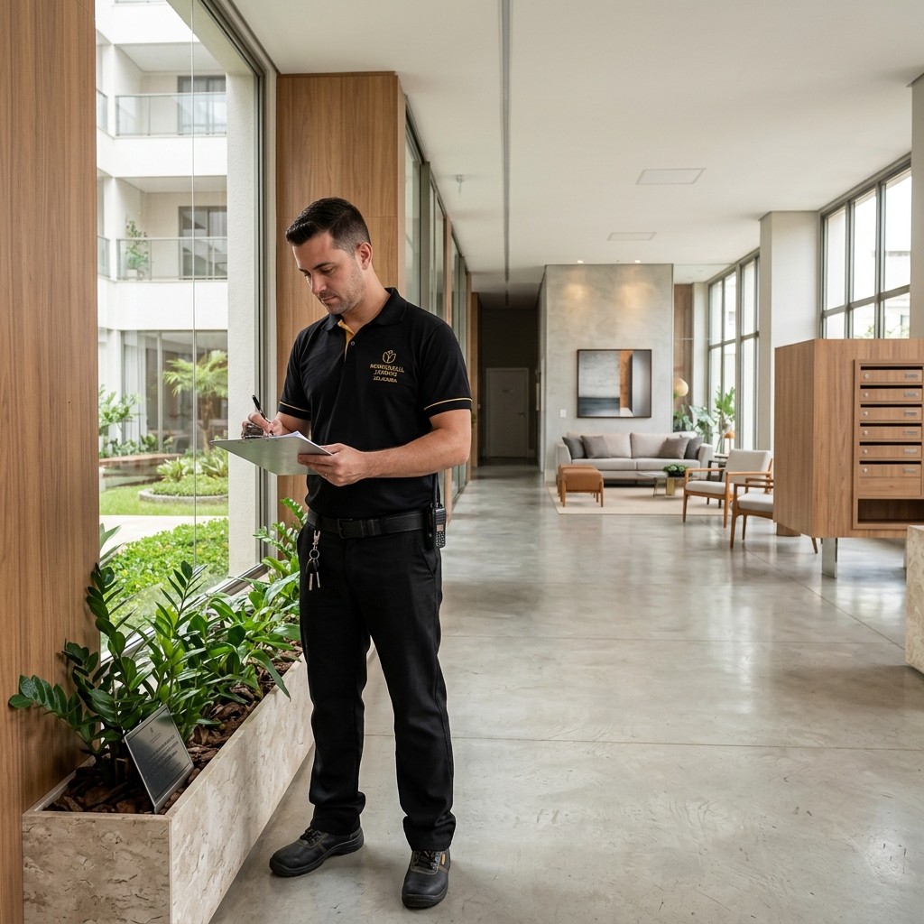 Zelador conferindo equipamentos e áreas comuns de prédio residencial